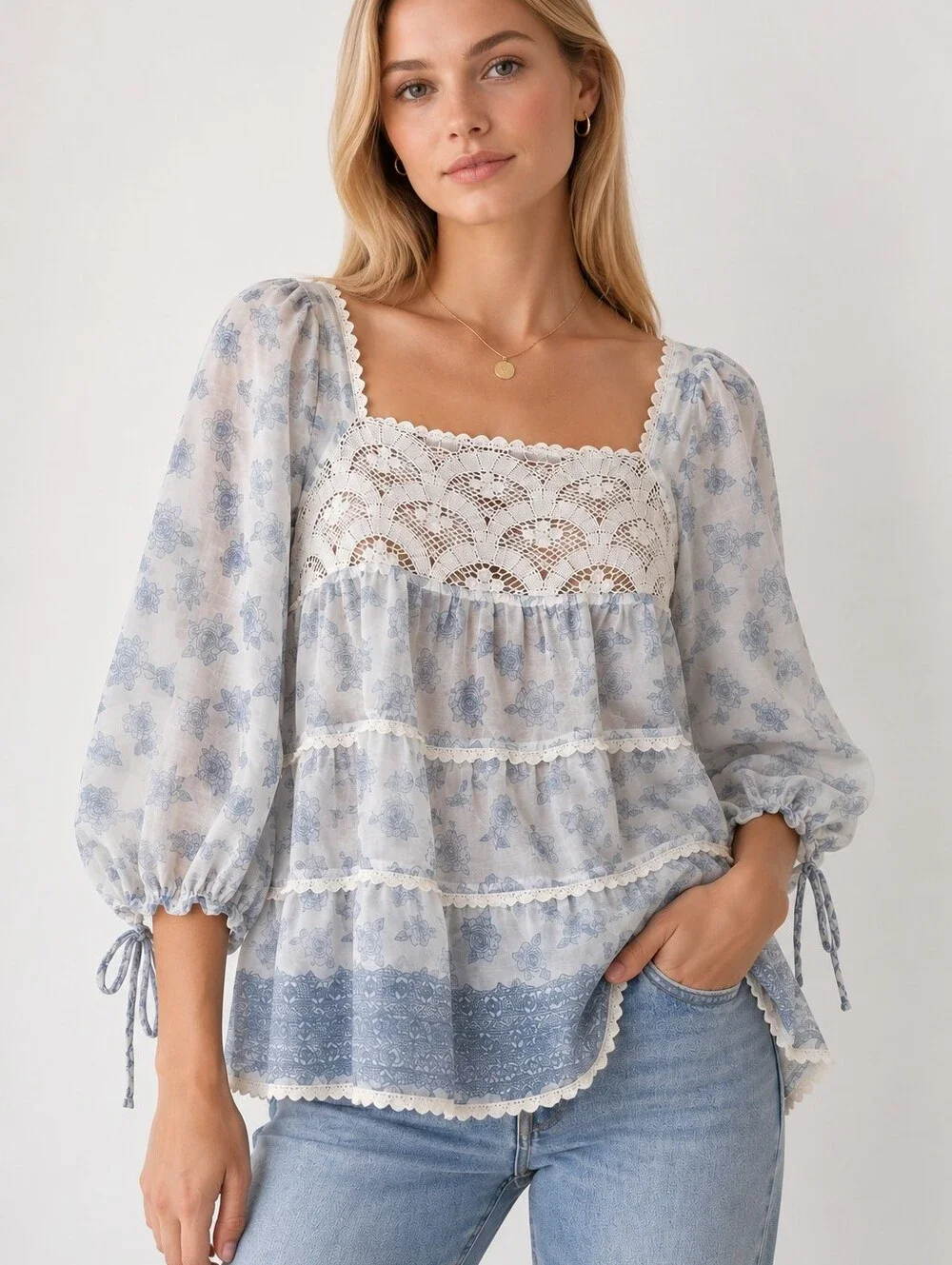 4 Love and Liberty by Johnny Was blue and white sheer peasant top size S